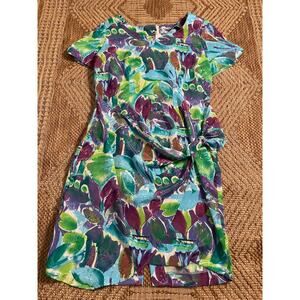 vintage retro abstract floral swirl print short sleeve knee length dress party